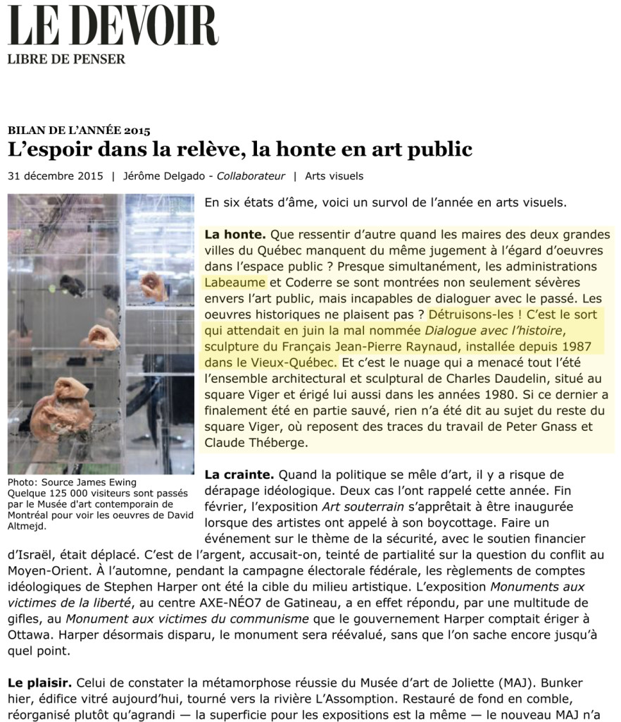 LÕespoir dans la relve, la honte en art public | Le Devoir